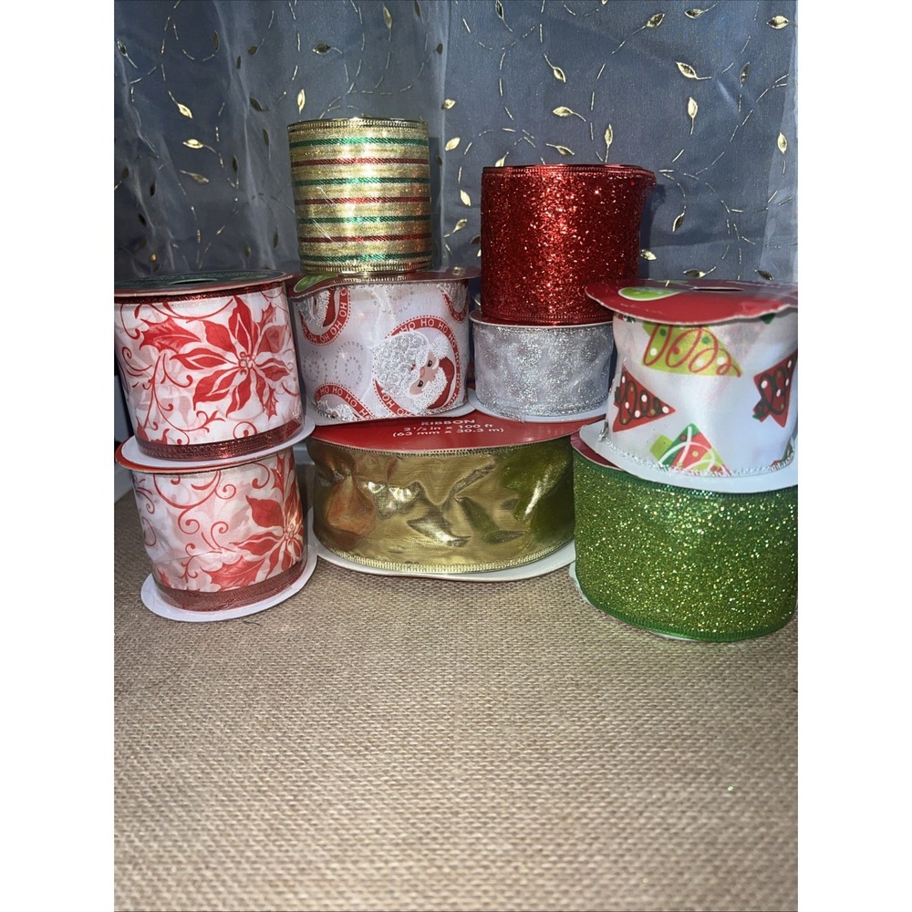 Lot 9 Christmas Ribbon Rolls Wire Edged Glitter Santa Poinsettia Gold Red Green